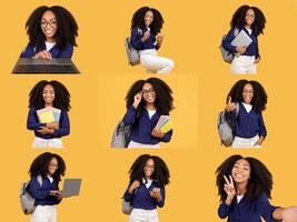 A collection of multiracial people is smiling and enjoying study sessions. They are surrounded by books and laptops in a bright, inviting space, reflecting positivity and cooperation. photo