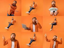 A collage of joyful people showcasing their positive energy while engaged in various activities, including working on a laptop and celebrating success. photo
