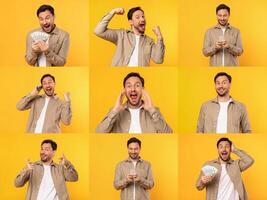 A cheerful man displays a range of happy expressions in a vibrant collage. He engages with money and appears joyful, showcasing excitement and positivity against a bright yellow background. photo