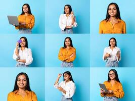 A collection of cheerful individuals of diverse backgrounds expressing happiness through different activities. Set against a bright blue backdrop, they showcase a positive lifestyle. photo