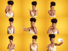 A collage showcases a diverse group of happy individuals in various poses, each expressing joy and positivity against a bright yellow backdrop, highlighting their cheerful lifestyle and connections. photo