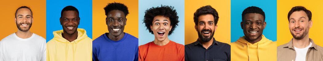 Group of diverse individuals expressing happiness and positivity. Each person displays a cheerful smile against bright, colorful backgrounds, illustrating unity in diversity. photo