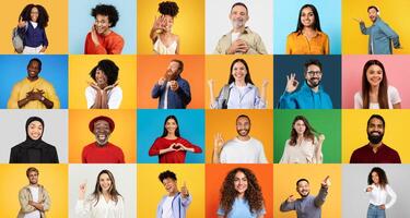 A vibrant collection of happy people from various backgrounds engaging in joyful interactions. This collage captures a sense of community and celebration in a colorful setting. photo