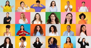 A collection of cheerful people from various backgrounds, all smiling and expressing happiness. Each person showcases positivity, engaged in lively interactions against colorful backdrops. photo