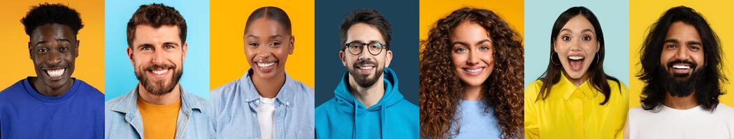 A cheerful collection of diverse individuals smiling and sharing positive vibes. The setting features bright backgrounds that enhance their joyful expressions, showcasing a lifestyle of happiness. photo
