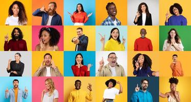 A vibrant collage features diverse individuals expressing joy and positivity. Each person celebrates through gestures and smiles, showcasing different backgrounds and happiness. photo
