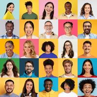 A joyful collection of diverse individuals showcasing their happiness and positivity. Each person expresses unique styles, creating a vibrant atmosphere. photo