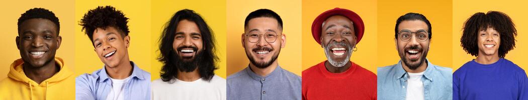 A collection of cheerful people of diverse backgrounds display bright smiles in a set against a vivid yellow background. Each person showcases their unique style and positive energy. photo