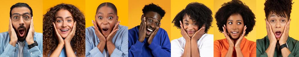 A lively collection of smiling individuals from different backgrounds, showcasing their excitement and happiness. Each person expresses amazement, emphasizing inclusivity and positivity. photo