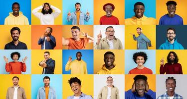 A lively collection of cheerful individuals showcasing their happiness through smiles and gestures. This diverse group captures the essence of friendship and positivity in various colorful outfits. photo
