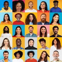 A vibrant collage features diverse people expressing joy and cheerfulness. Each individual showcases unique backgrounds, hairstyles, and smiles, embodying a sense of community and connection. photo