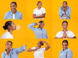A cheerful collection of individuals showcasing happiness through various expressions and activities against a bright yellow background. The diversity in their interactions radiates positivity. photo
