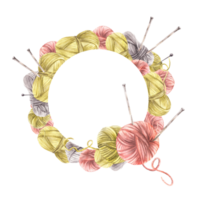 Balls of yarn threads with knitting needles wreath. Watercolor hand drawn illustration. Realistic skeins of string grey, yellow pink coloured. Hobby knitting circular frame isolated from background png