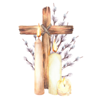 Burning candle with Cross tied with a rope against of willow branches. Religious Easter composition. Watercolor hand drawn illustration on isolated background for First communion, baptism card png