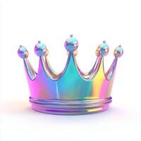 3D rendering of an iridescent crown icon, isolated on a white background. photo