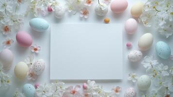 con tema de Pascua blanco blanco tarjeta Bosquejo rodeado por pequeño Pascua de Resurrección huevos y delicado flores foto