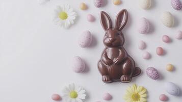 chocolate easter bunny surrounded by colorful eggs photo