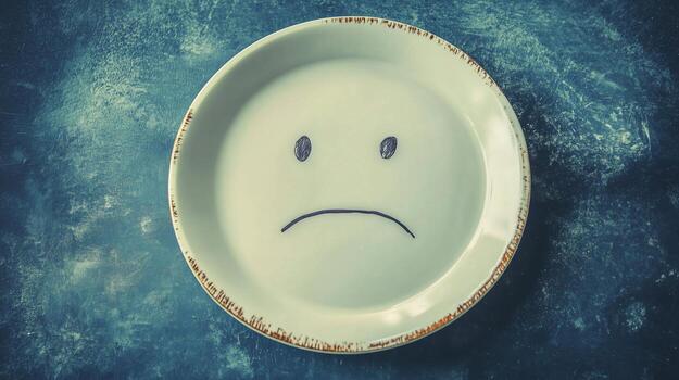 Photo of a face drawn on an empty plate with copy space.