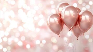 brillante rosado oro globos en el blanco y rosado bokeh antecedentes. foto