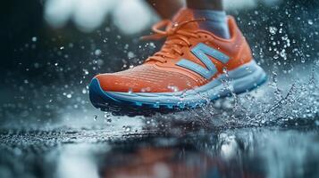 Close up of new balance show bending at the toe as it leaves the ground. photo