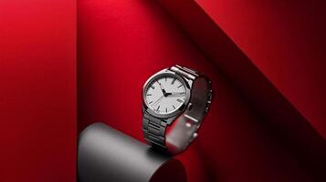 A watch, placed on a gray paper roll and a red geometric background. photo