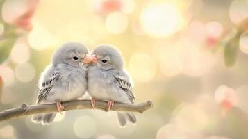 Two cute, gray little birds snuggling on a branch, with soft lighting and a blurred background. photo