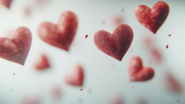 A 3D render of soft-textured red hearts, floating and emerging from the center of the image. photo