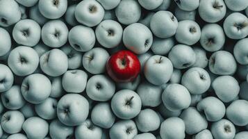 a red apple is surrounded by a bunch of white apples photo