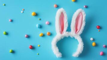 easter bunny ears on blue background with colorful eggs photo