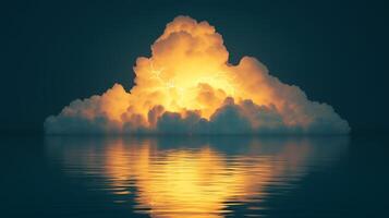 A cloud with lightning reflecting on water, on the dark blue background. photo
