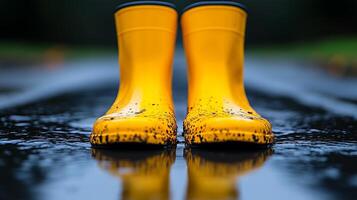 a pair of yellow rain boots on a wet road photo