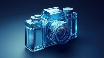 A blue camera icon with a glass texture, isometric view, light background. photo