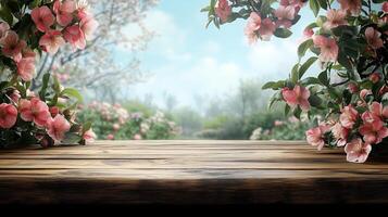 A pink apple blossoms on a wooden table with a blurred garden background. photo