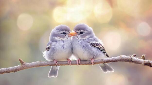 two small birds sitting on a branch with a blurry background photo