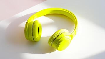 Wireless headphones in a bright neon yellow, placed on a white surface. photo