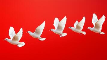 five white doves flying in formation on a red background photo