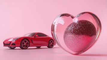 A large glass heart with a real red premium car, glitter inside the ball. photo