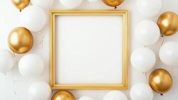 An empty frame with gold edges, surrounded by white and golden balloons. photo