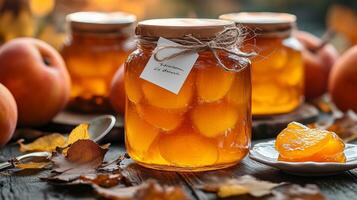 A jar of golden quince marmalade, decorated with a rustic twine bow. photo