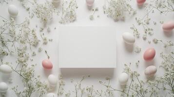 Pascua de Resurrección huevos y flores en un blanco superficie foto