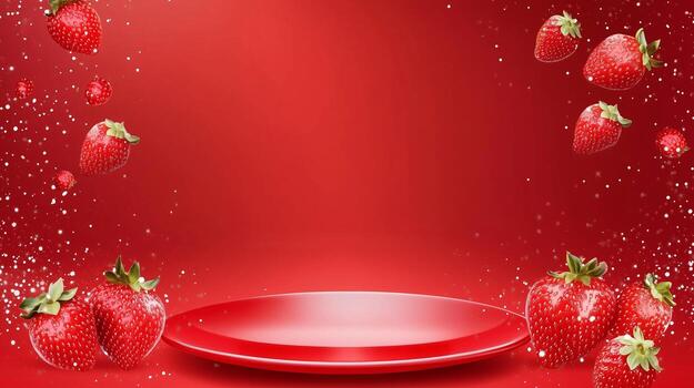 strawberries on red background with space for text photo