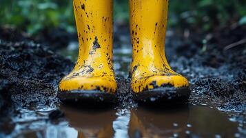 a person wearing yellow rubber boots standing in a puddle photo