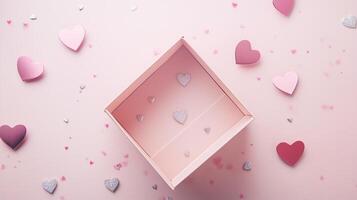 An open pink box and metallic pink and silver hearts are all around it with pink background. photo