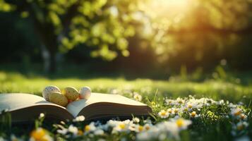 un abierto libro con huevos en el césped foto