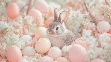 Cute little bunny with pastel-colored Easter eggs. photo