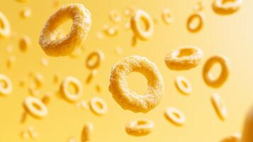 a group of cereal rings floating in the air photo