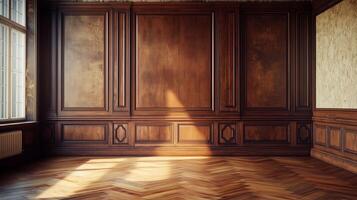 Old building with wooden parquet floor, wooden wainscoting panels and wallpaper. photo