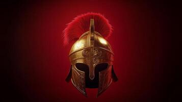 a golden spartan helmet on a red background photo