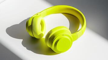 a pair of yellow headphones on a white surface photo