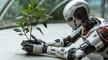 A humanoid robot planting a sapling. Mechanical hands holding the plant. photo